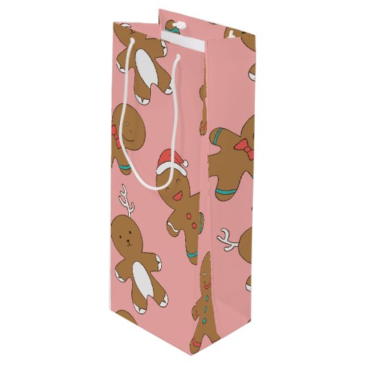 Gingerbrood Mannen Roze Wine Gift Bag Wijn Cadeautas (Voorkant Gekanteld)