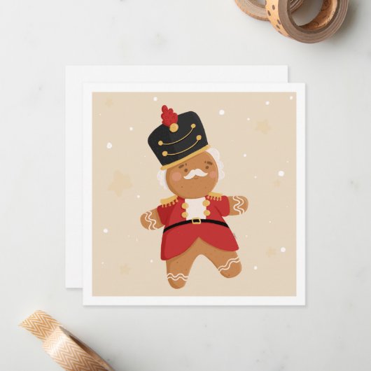 Gingerbrood Nutcracker-kerstkaart Notitiekaartje (Voorkant / Achterkant in situ)