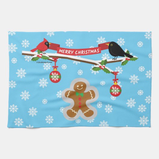 Gingerbrood, sneeuwvlokken en vogels theedoek (Horizontaal)