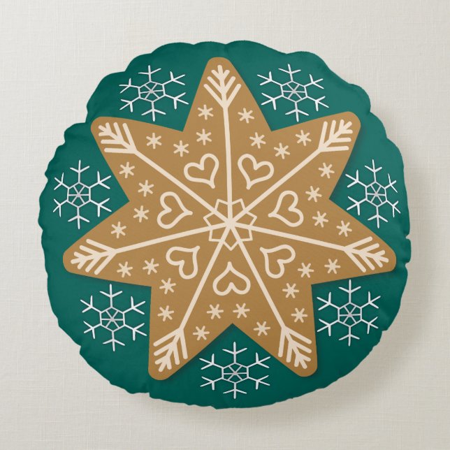 Gingerbrood Star en Snowflakes kerst Rond Kussen (Voorkant)