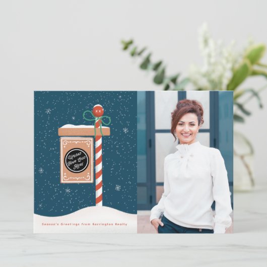 Gingerbrood voor verkoop Sign Realtor Foto Feestdagenkaart (Staand voorkant)