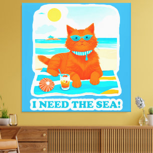 Gingerkat op het strand Ik heb de zee nodig Zomer Canvas Afdruk