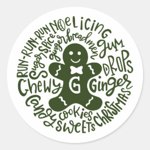 Gingerman Kerst Winter Snoep Typografie GROEN Ronde Sticker