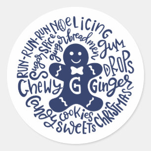 Gingerman Kerstwinter Snoep Typografie BLUE Ronde Sticker