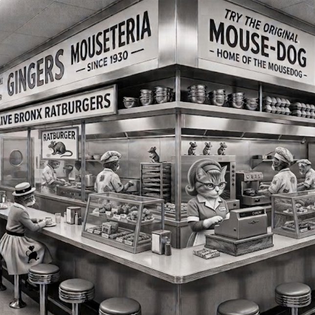 Gingers NYC Mouseteria, thuisbasis van de Mousedog Voerbakje (An institution on Broadway.)
