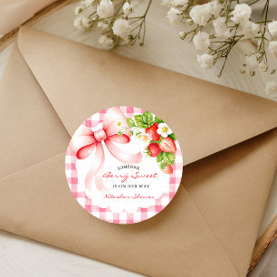 Gingham aardbei roze baby shower ronde sticker