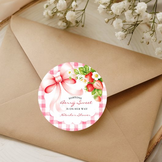 Gingham aardbei roze baby shower ronde sticker