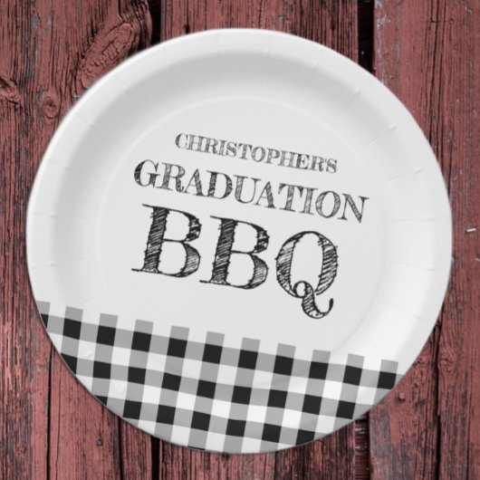 Gingham afstudeer-BBQ Papieren Bordje