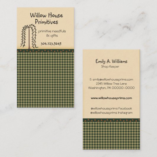 Gingham and Stars Willow Tree Primitive Country Visitekaartje (Voorkant / Achterkant)