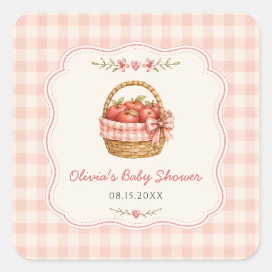 Gingham Apple of Our Eye Baby Shower Vierkante Sticker (Voorkant)