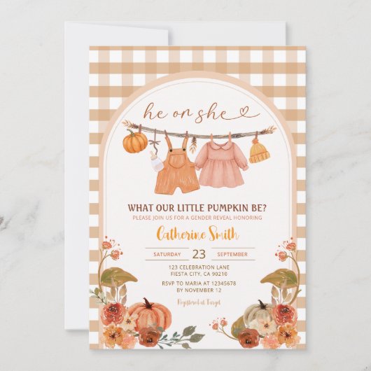 Gingham ArchPumpkin Gender Reveal Herfst Herfst Kaart (Voorkant)