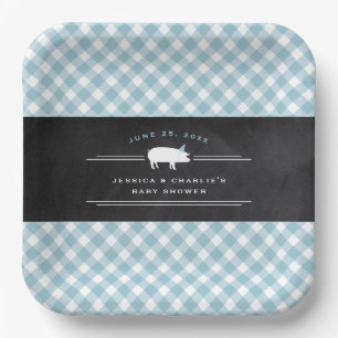 Gingham Baby BBQ Blauw Co-ed Baby Shower Papieren Bordje