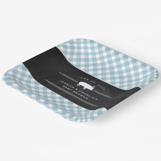 Gingham Baby BBQ Blue Co-ed Baby shower Papieren Bordje (Gebogen)