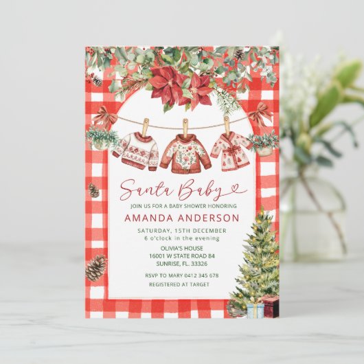 Gingham Baby Christmas Clotheslin Baby Shower Kaart (Staand voorkant)