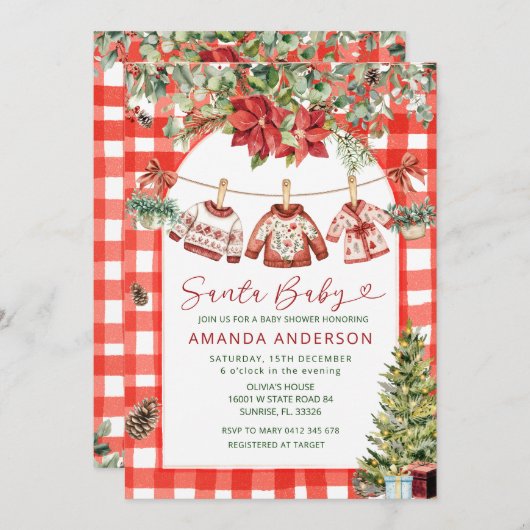 Gingham Baby Christmas Clotheslin Baby Shower Kaart (Voorkant / Achterkant)