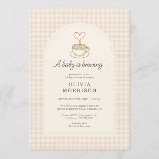 Gingham Baby is Brewing Coffee Baby Shower Kaart (Voorkant)