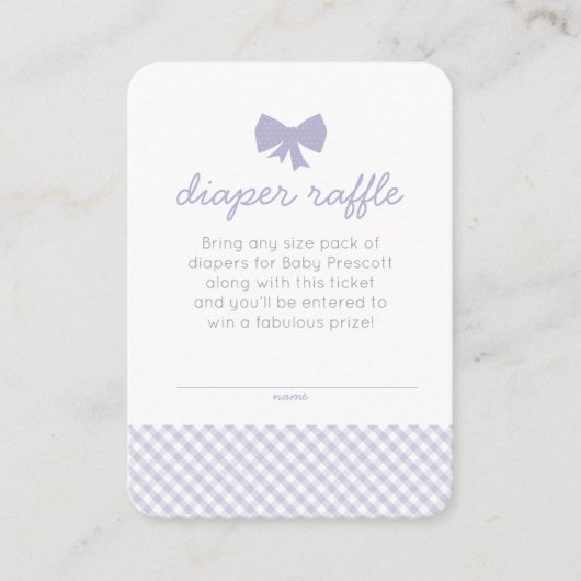 Gingham baby shower paarse luier loterij ticket informatiekaartje (Voorkant)