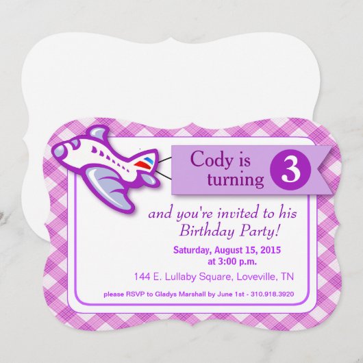 Gingham Banner Plane Birthday | lavendel Kaart (Voorkant / Achterkant)