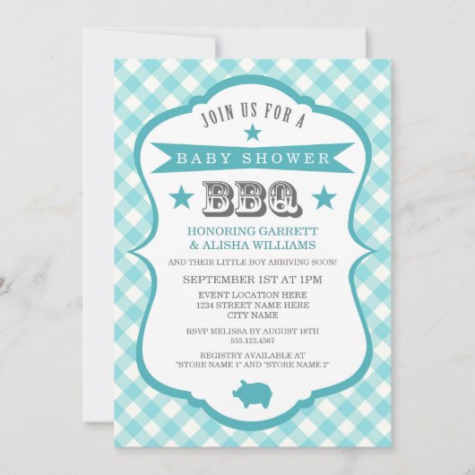 Gingham Barbecue Baby shower Invitation / Aqua Kaart (Voorkant)