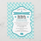 Gingham Barbecue Baby shower Invitation / Aqua Kaart (Voorkant / Achterkant)