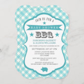 Gingham Barbecue Baby shower Invitation / Aqua Kaart (Voorkant / Achterkant)