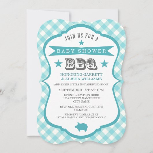 Gingham Barbecue Baby shower Invitation / Aqua Kaart (Voorkant)