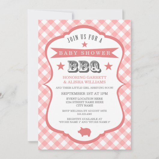 Gingham Barbecue Baby shower Invitation / Coral Kaart (Voorkant)
