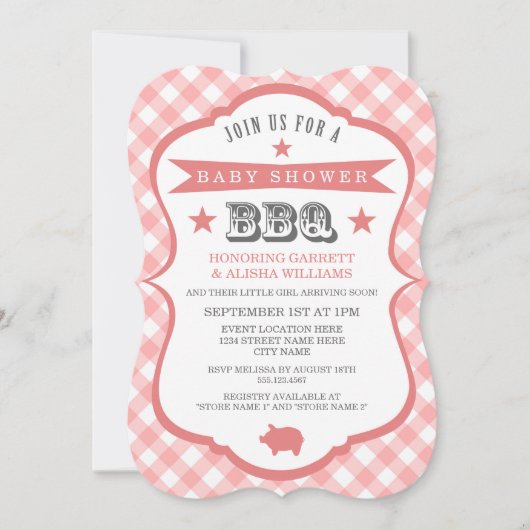 Gingham Barbecue Baby shower Invitation / Coral Kaart (Voorkant)
