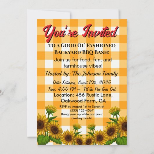 Gingham BBQ Invite Barn Style Backyard Party   Kaart (Voorkant)