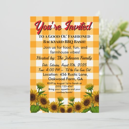 Gingham BBQ Invite Barn Style Backyard Party Kaart (Staand voorkant)