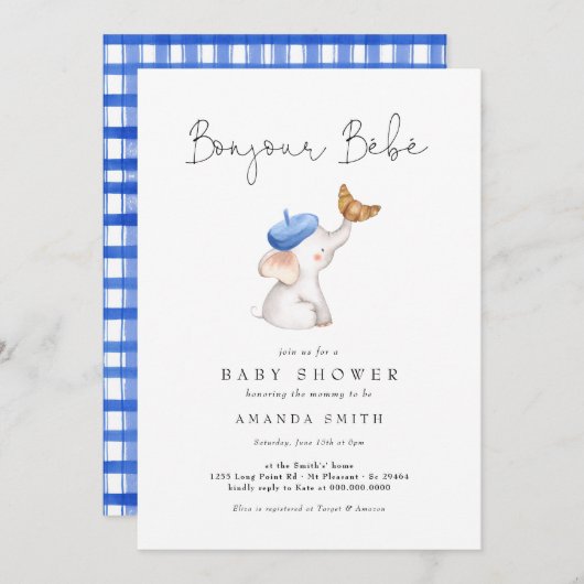 Gingham Bebe French Elephant Baby Boy Shower Kaart (Voorkant / Achterkant)