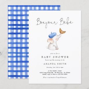 Gingham Bebe French Elephant Baby Boy Shower Kaart