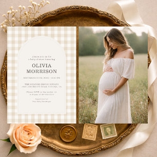 Gingham Beige Geslacht Neutrale Foto Baby Shower Kaart