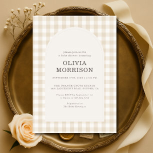 Gingham Beige Geslachtsneutrale Baby Shower Kaart