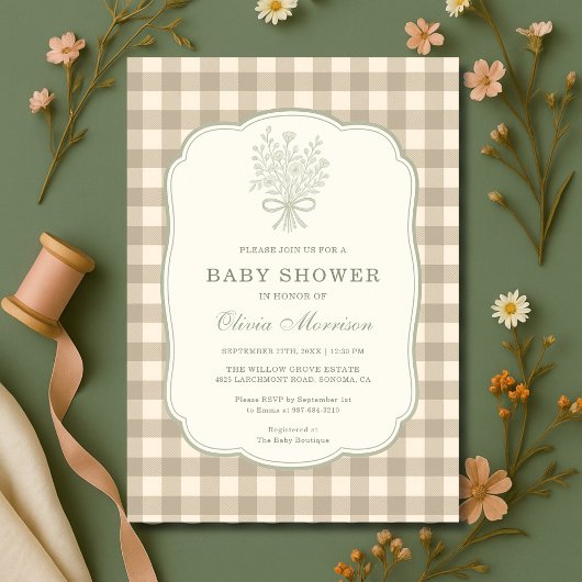 Gingham Beige Ivory Floral Bow Baby Shower Kaart