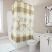 Gingham beige patroon white lace home script douchegordijn (In situ)