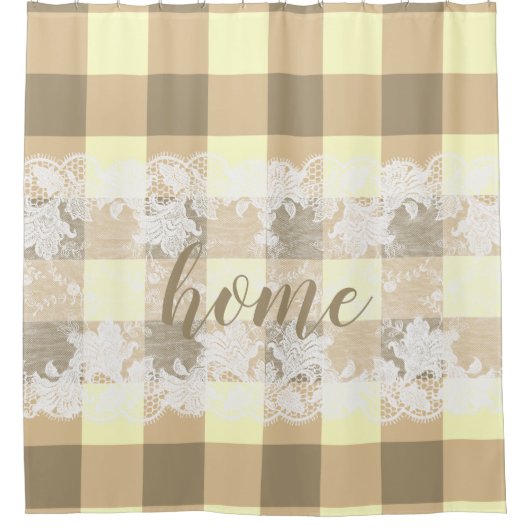 Gingham beige patroon white lace home script douchegordijn (Voorkant)