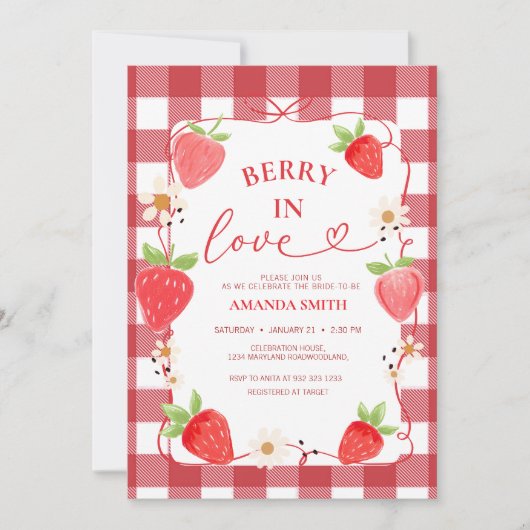 Gingham Berry In Love Red Bow Bridal Shower Kaart (Voorkant)
