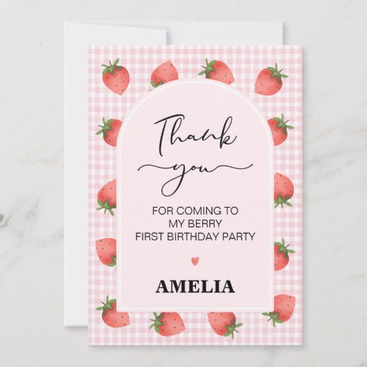 Gingham Berry Sweet 1e Verjaardag Dank Je Kaart (Voorkant)