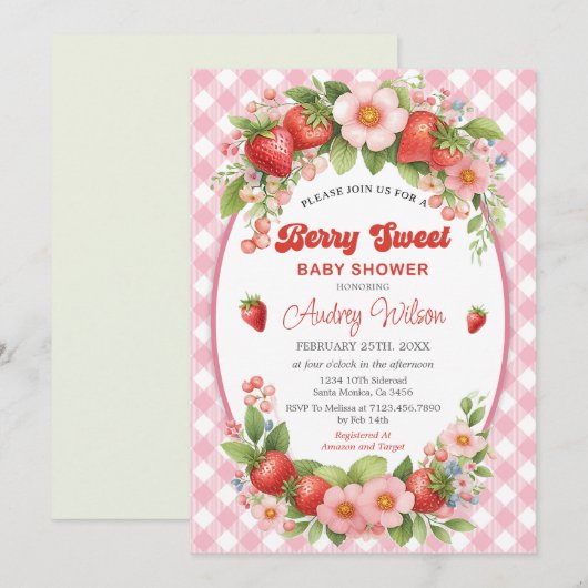 Gingham Berry Sweet Baby shower Invitation Kaart (Voorkant / Achterkant)