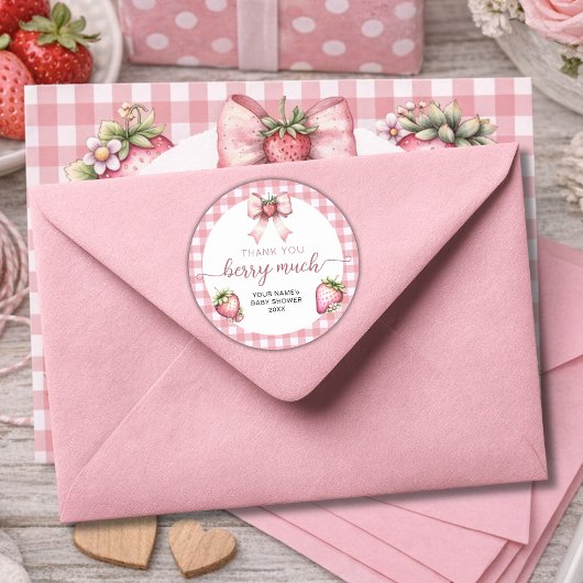 Gingham berry sweet baby shower  ronde sticker