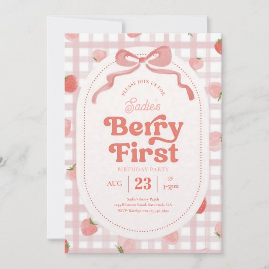 Gingham-bes Berry Eerste Verjaardag Kaart (Voorkant)