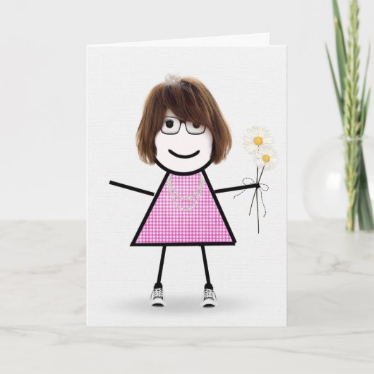 Gingham Birthday Stick Girl met Daisies Kaart (Voorkant)