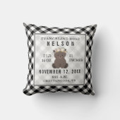 Gingham Black + White Beer Baby Girl Birth Stats Kussen (Voorkant)