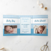 Gingham blauw en wit foto's baby jongen drieluik aankondiging (Binnen)