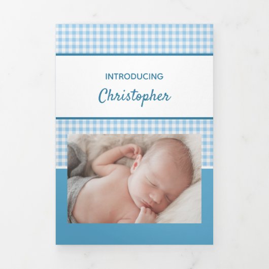 Gingham blauw en wit foto's baby jongen drieluik aankondiging (Cover)