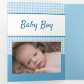 Gingham blauw en wit foto's baby jongen drieluik aankondiging (Binnenzijde eerst)