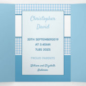 Gingham blauw en wit foto's baby jongen drieluik aankondiging (Binnenkant midden)