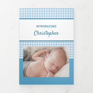 Gingham blauw en witte foto's baby jongen drieluik aankondiging