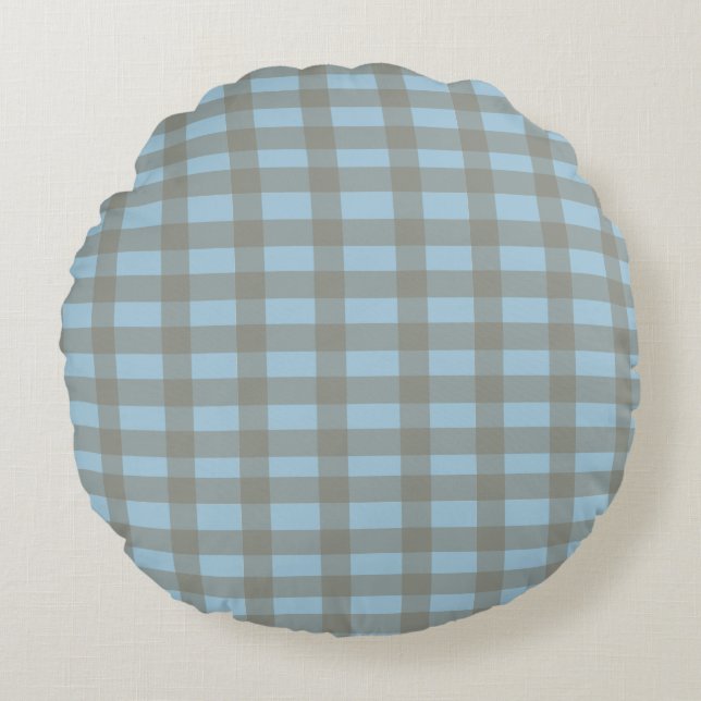 Gingham Blauw  Rond Kussen (Voorkant)
